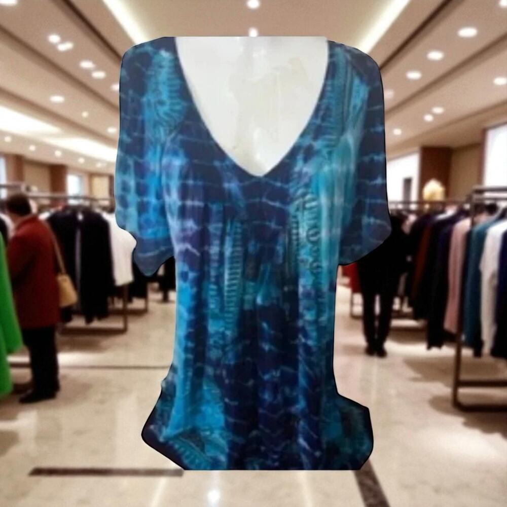 Greater Good Tunic Top 4XL Blue Tie Dye Artsy Boho Hippie Lagenlook Layer Blouse